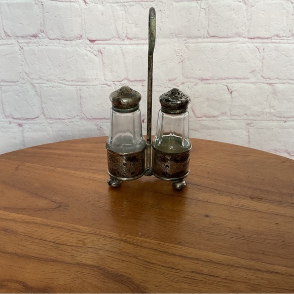 Vintage Glass Salt and Pepper Shakers with Holder - Picture 2 of 4